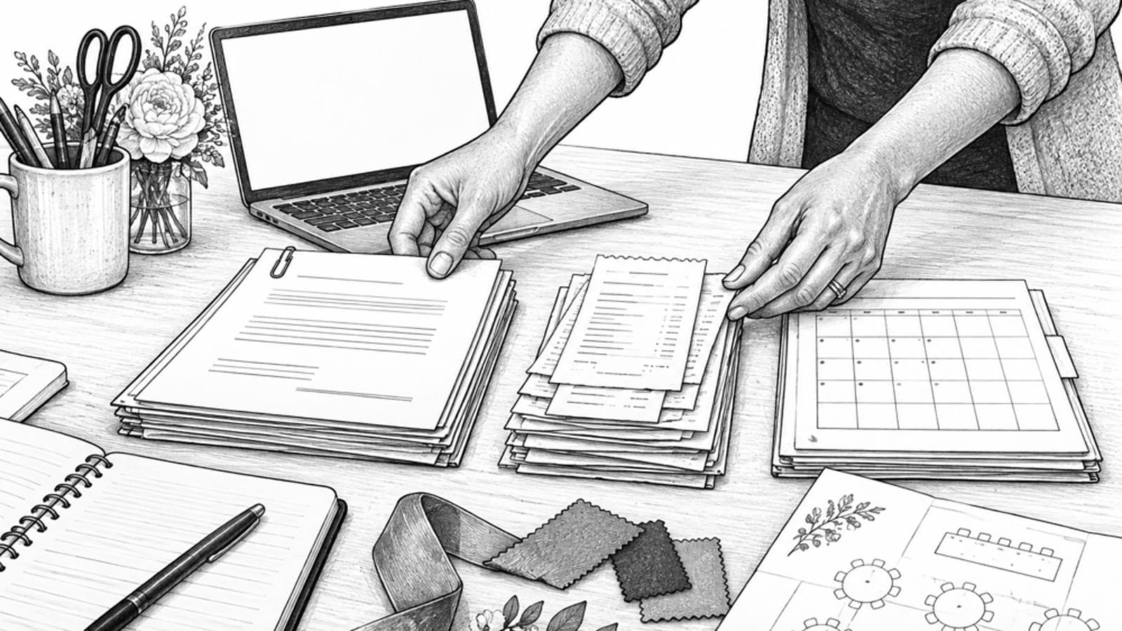 Simone's hands sorting a signed contract, stacks of receipts and a calendar on a desk beside her laptop.