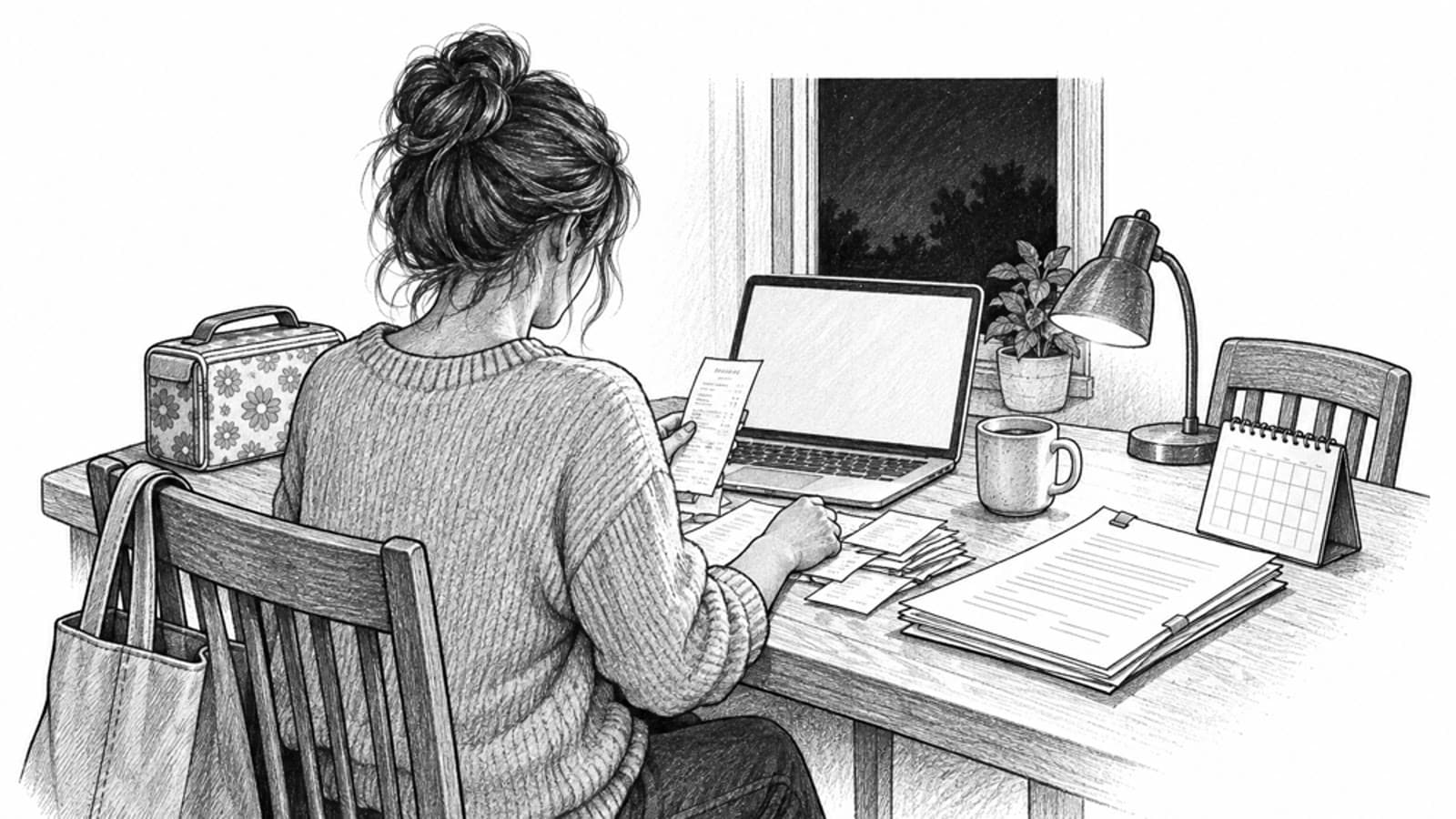 Simone working at her kitchen table late at night, reading a receipt by lamplight.
