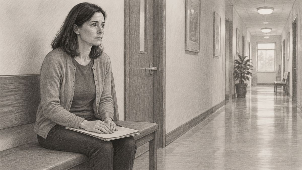 Danielle sitting on a hallway bench reviewing a folder of papers. Pencil-style illustration.