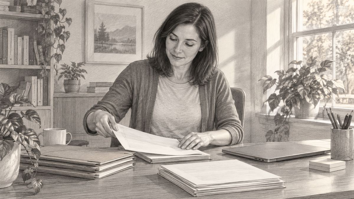 Danielle at a tidy desk organizing folders and papers into neat stacks. Pencil-style illustration.