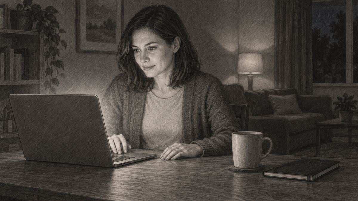 Danielle working at a laptop late at night, her face lit by the screen. Pencil-style illustration.