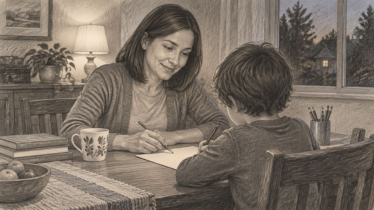 Danielle helping a child with homework at a dining table, the child seen from behind. Pencil-style illustration.
