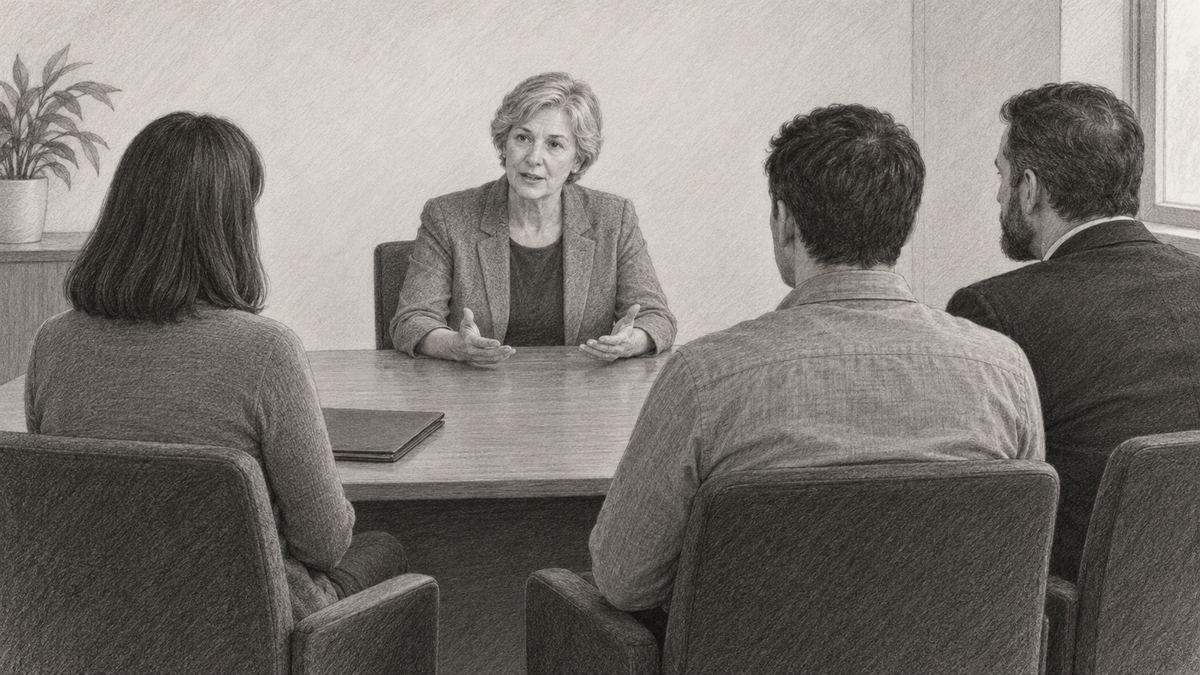 Danielle, her former husband, his lawyer and a mediator seated around a meeting-room table. Pencil-style illustration.