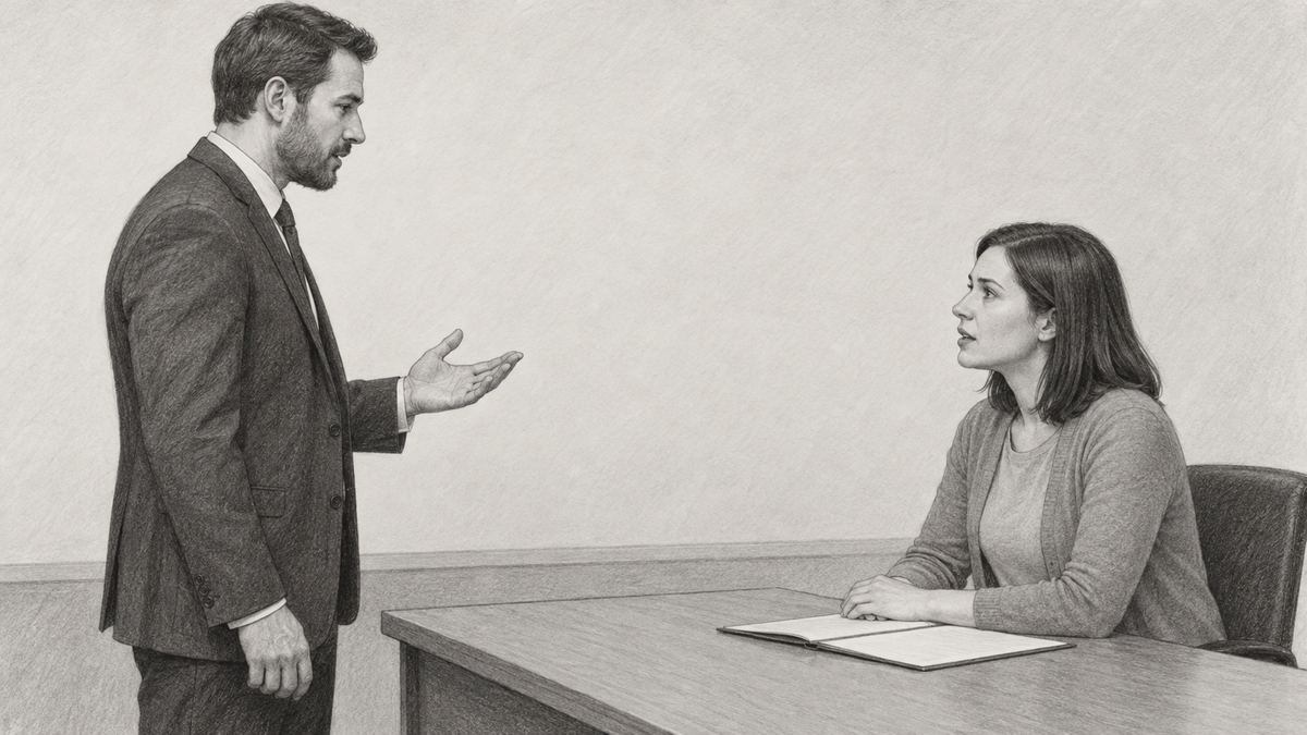A lawyer standing and addressing Danielle, who is seated with her notebook in a hearing room. Pencil-style illustration.