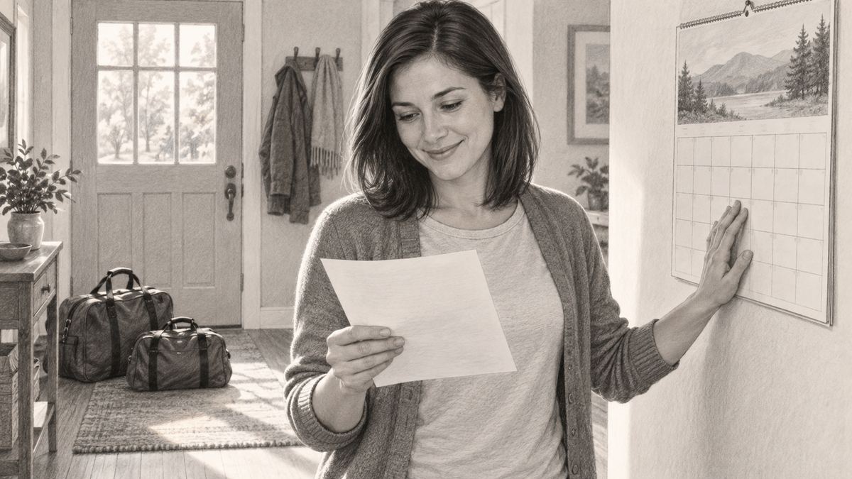 Danielle standing by a kitchen wall calendar reading the entered order. Pencil-style illustration.