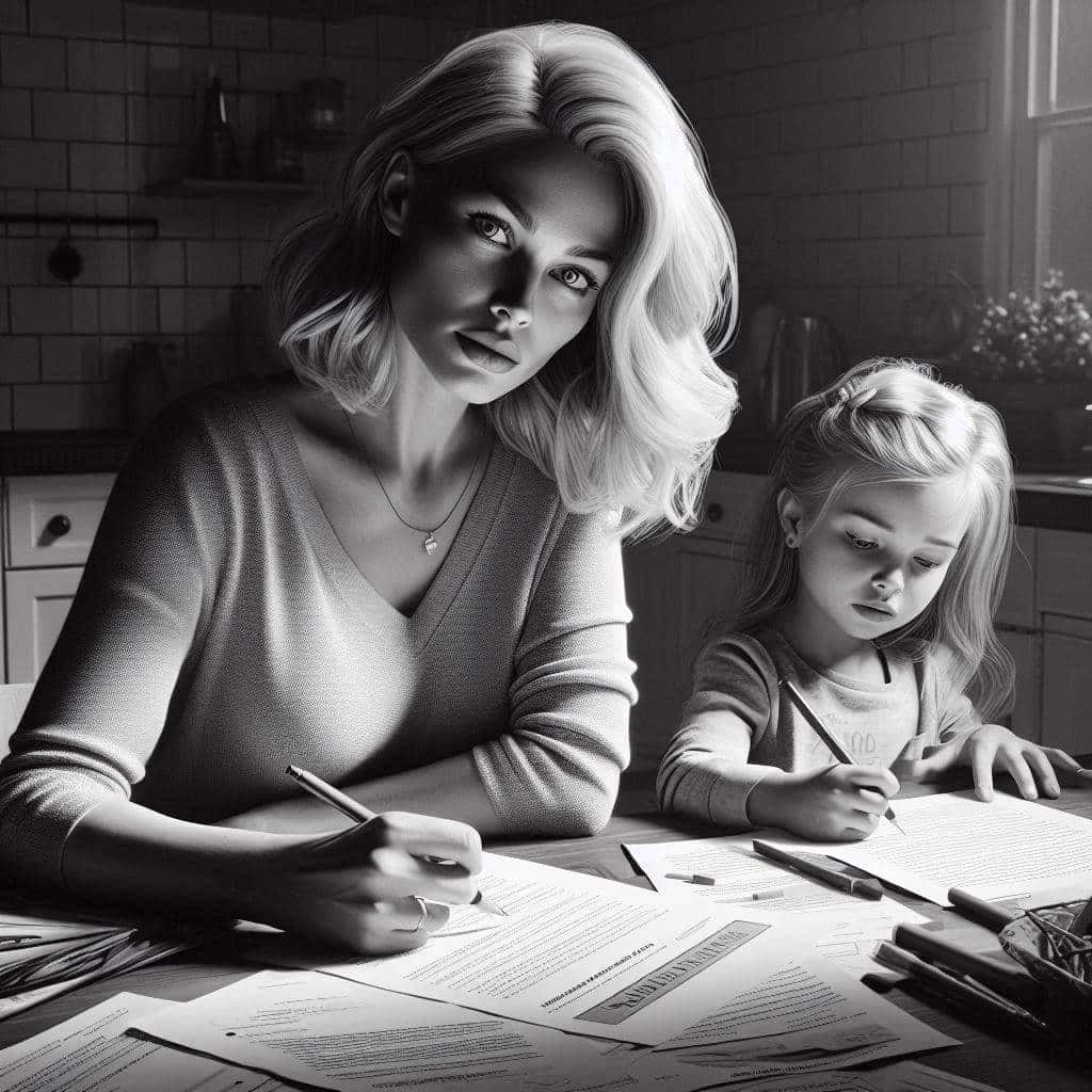 Danielle reviewing child custody documents with her daughter nearby