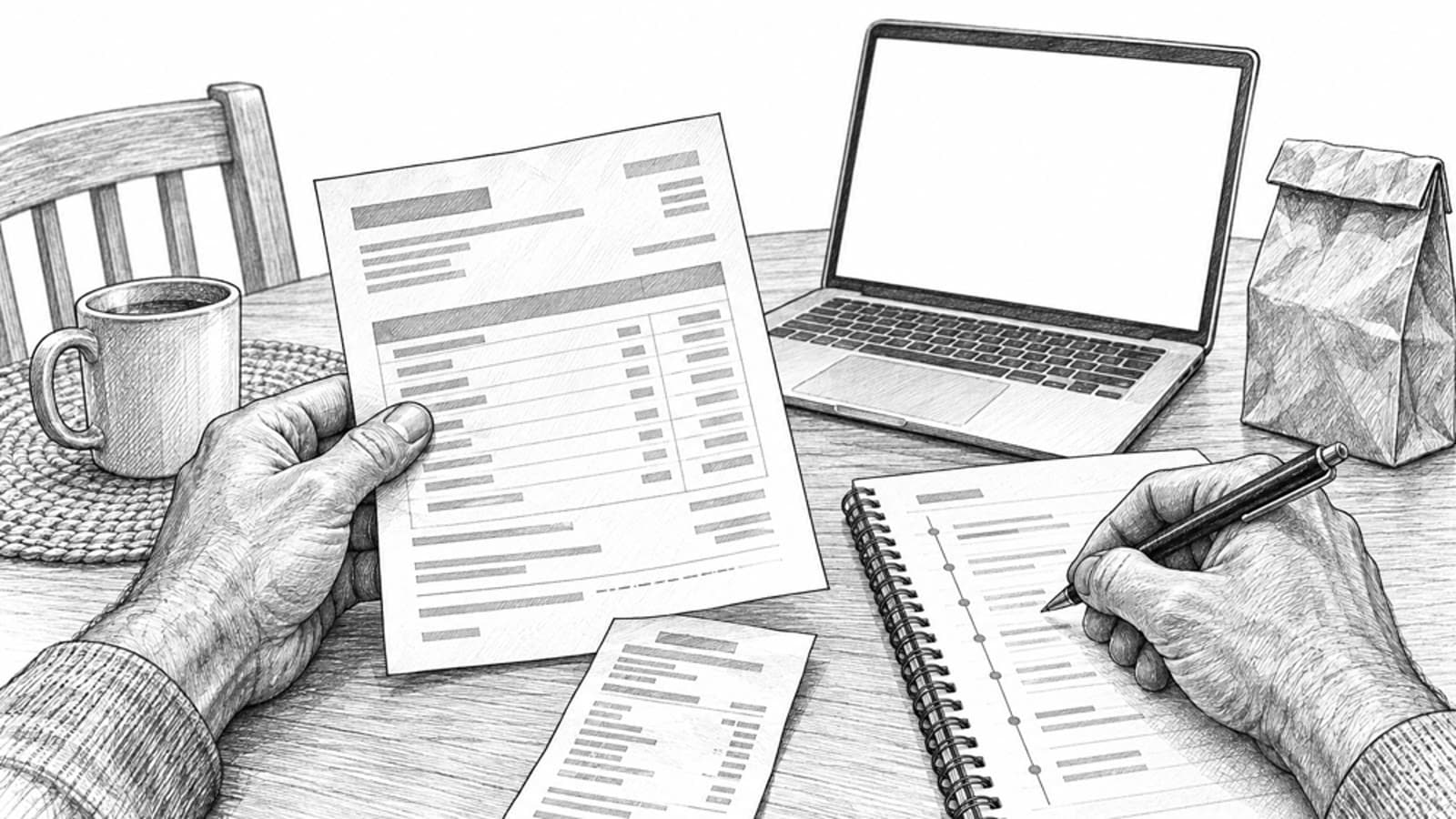 Marcus's hands comparing an old account statement with notes in a notebook, next to his laptop and a lunch bag.