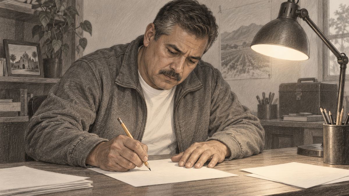 Carlos at his desk under a lamp checking dates in his old case file against a timeline. Pencil-style illustration.