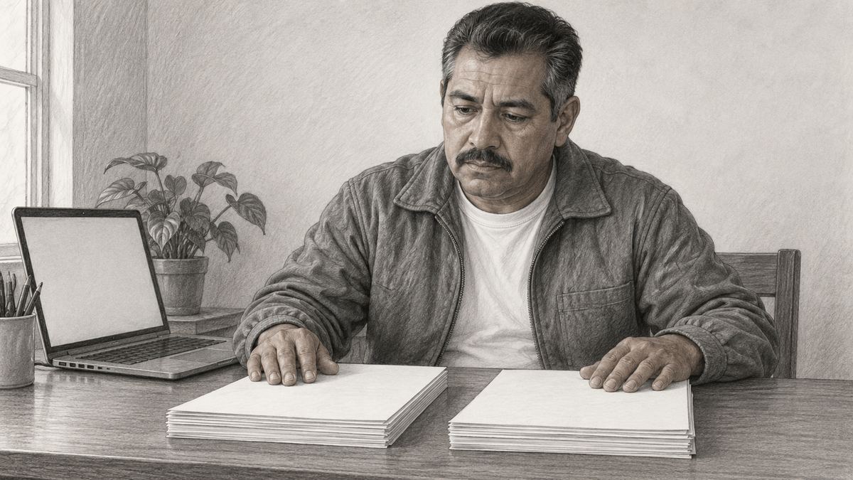 Carlos at his desk comparing two stacks of legal malpractice records: his lawyer's handling and the injury case. Pencil-style illustration.