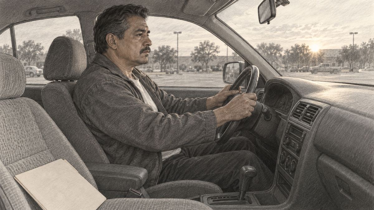 Carlos sitting in his parked car after a medical appointment, the case file on the seat beside him. Pencil-style illustration.