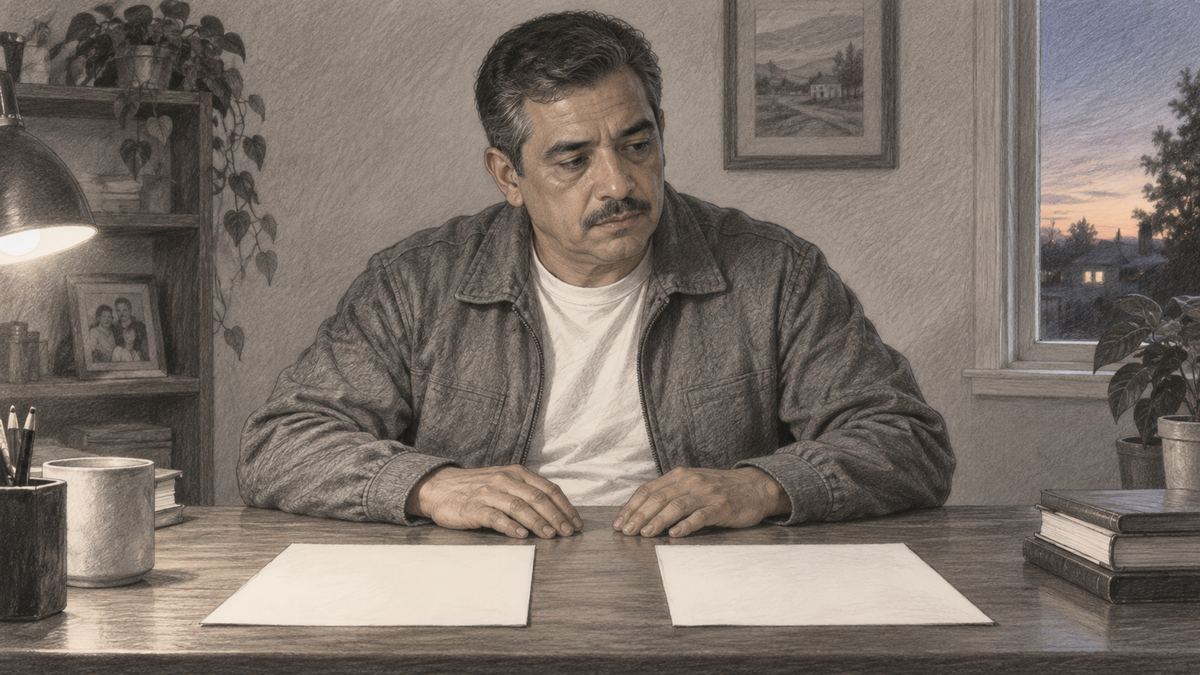 Carlos at his desk at dusk weighing the strengths and gaps of his legal malpractice claim before filing. Pencil-style illustration.