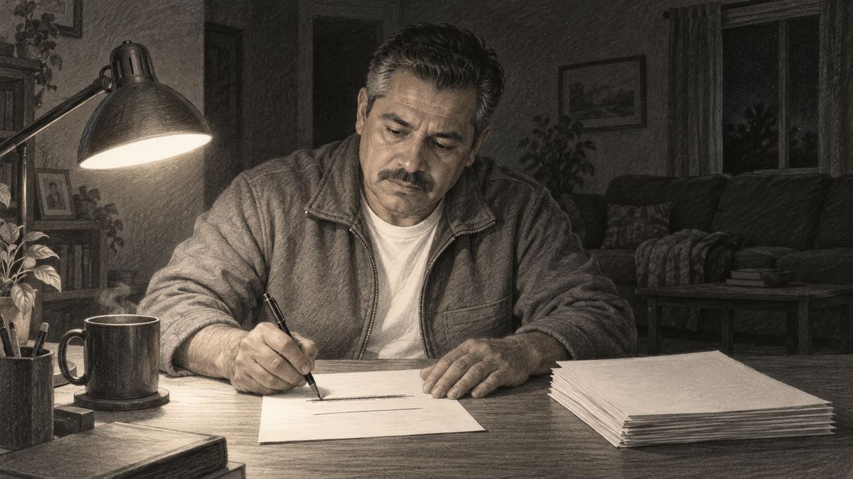 Carlos working through discovery records at his desk late at night under a lamp. Pencil-style illustration.