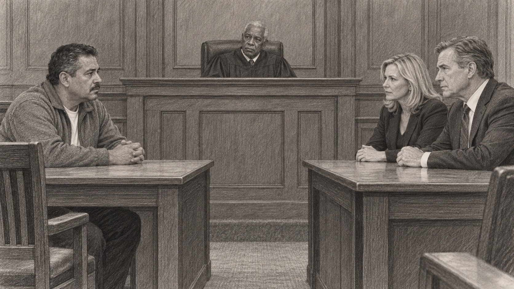 A courtroom: Carlos seated alone at one table, the defense lawyer at the other, a judge at the bench. Pencil-style illustration.