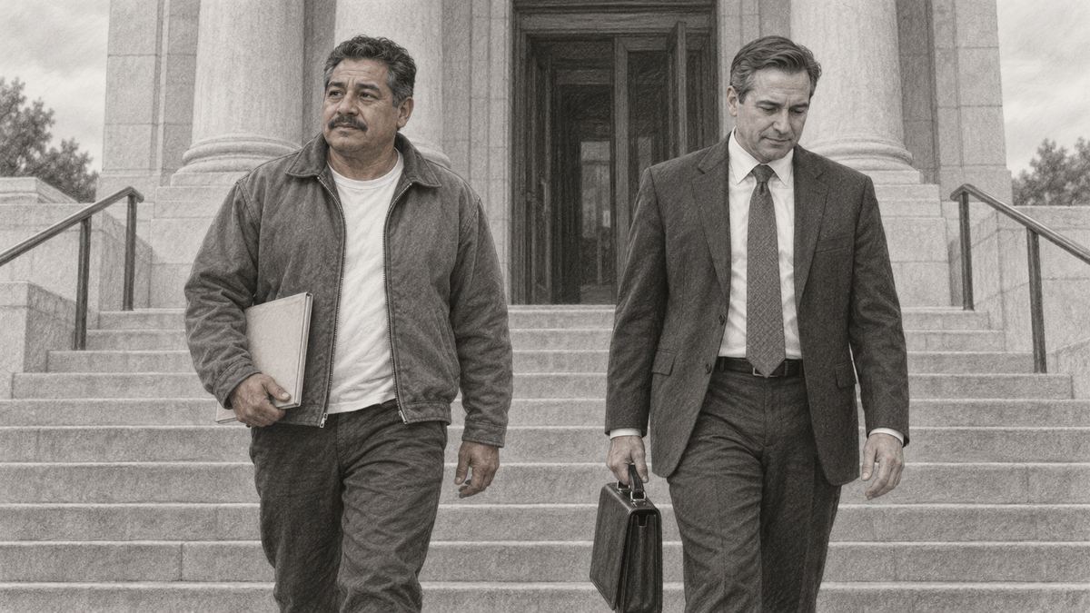 Carlos and his former lawyer walking down the courthouse steps in opposite directions. Pencil-style illustration.
