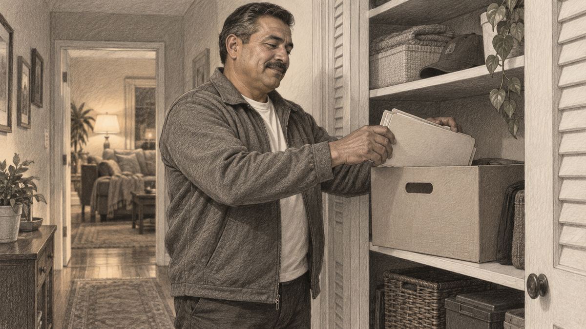 Carlos at home putting a box of legal malpractice case papers away on a closet shelf. Pencil-style illustration.
