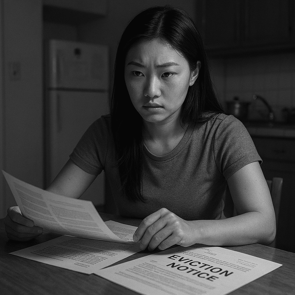 Mei reviewing unlawful detainer court documents