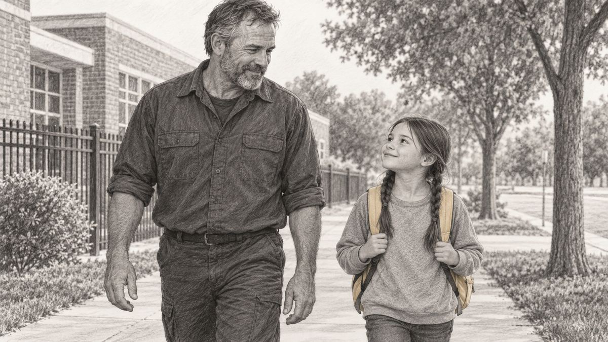 Ray walking his niece home from school, both smiling. Pencil-style illustration.