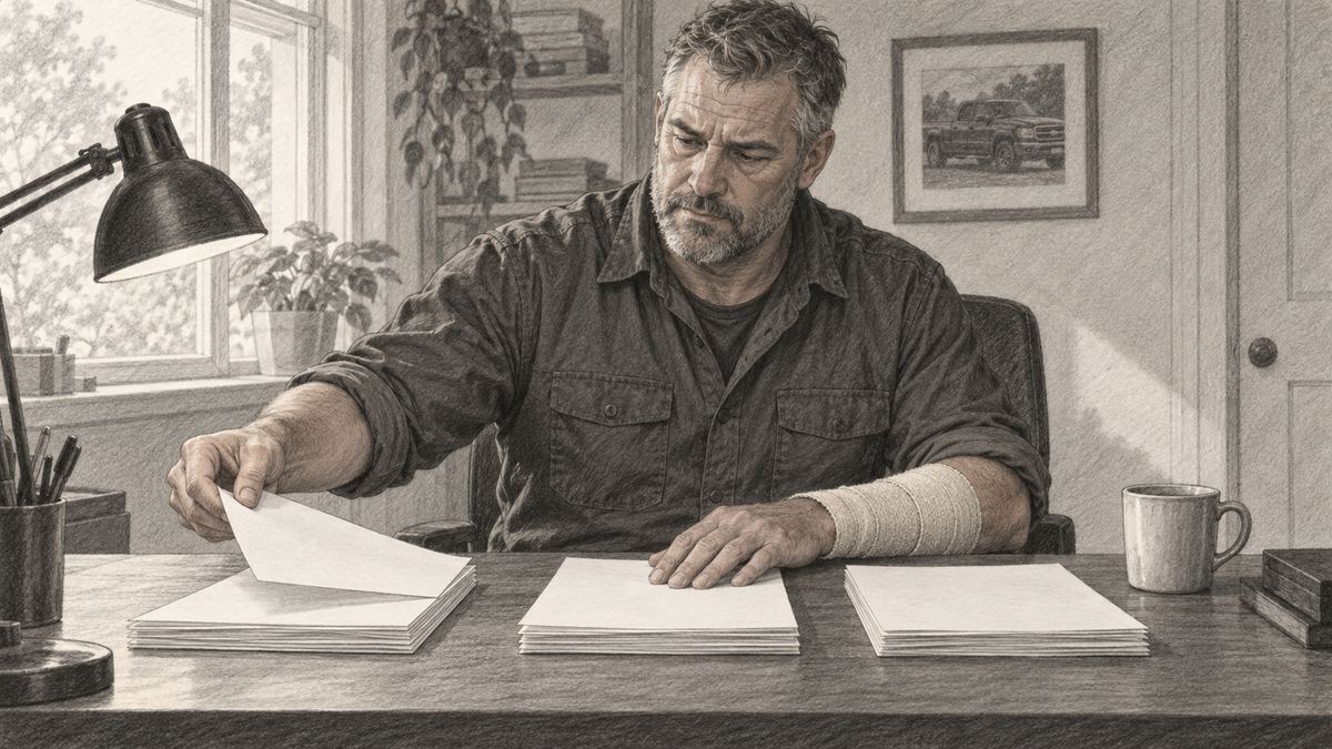 Ray at his desk sorting personal injury case records into stacks, his bandaged forearm visible. Pencil-style illustration.