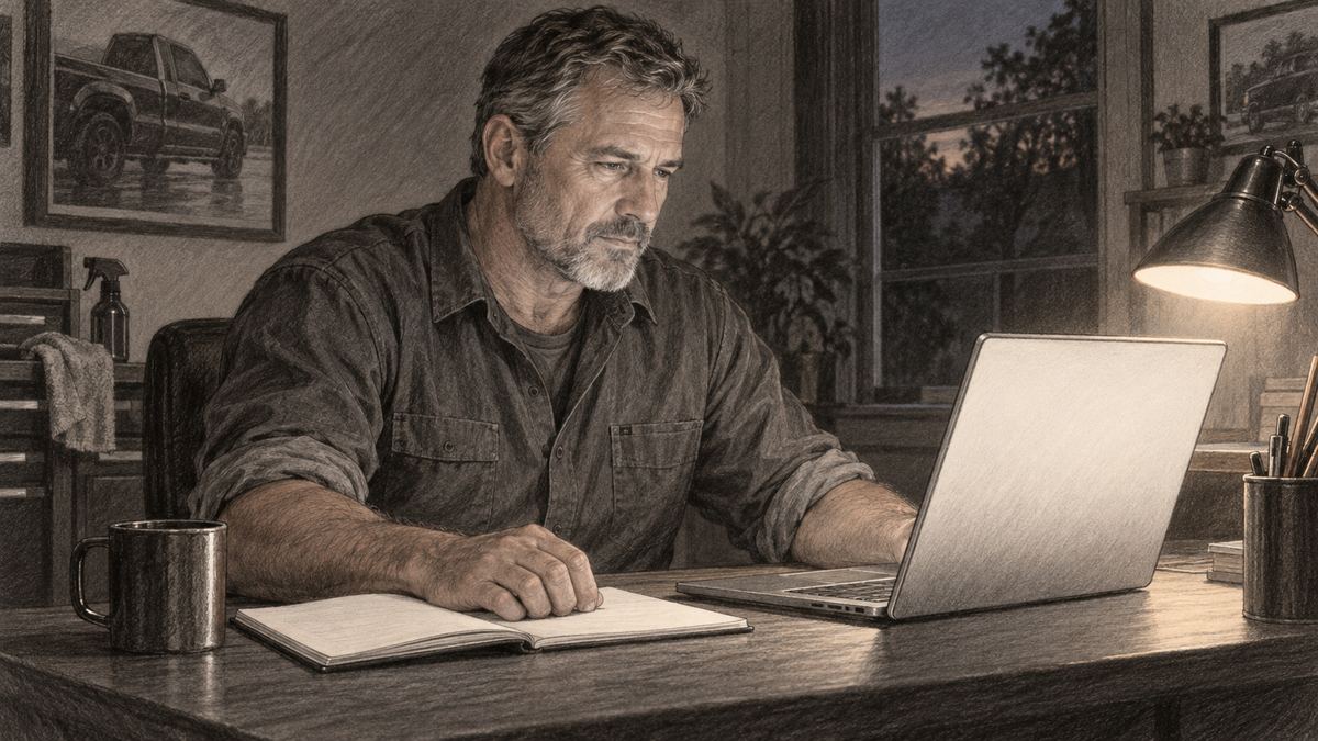 Ray at his desk in the evening researching expert witnesses on his laptop. Pencil-style illustration.