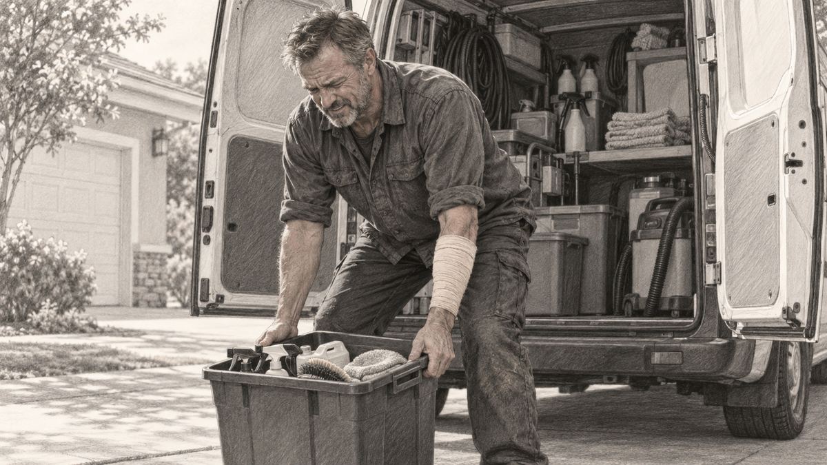 Ray at the open rear doors of his work van, struggling to lift a supply container with his bandaged forearm. Pencil-style illustration.