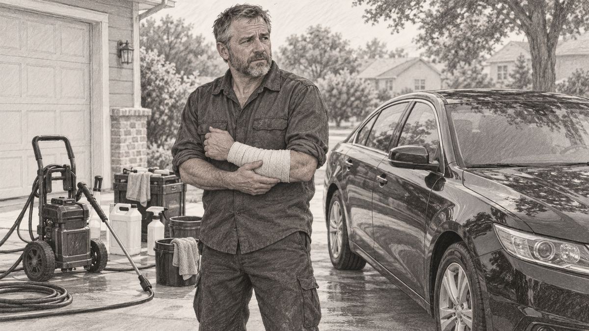 Ray standing at a driveway job beside his equipment, holding his bandaged forearm. Pencil-style illustration.
