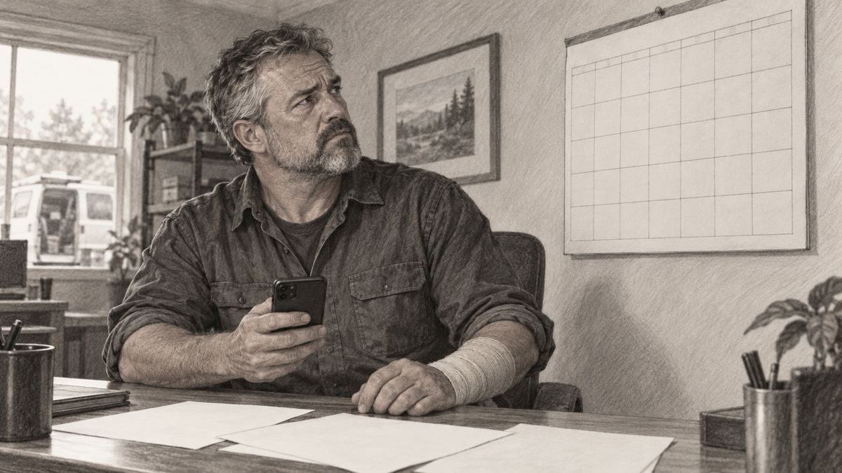 Ray holding his phone and looking at a wall calendar as he plans his recovery and case tasks. Pencil-style illustration.