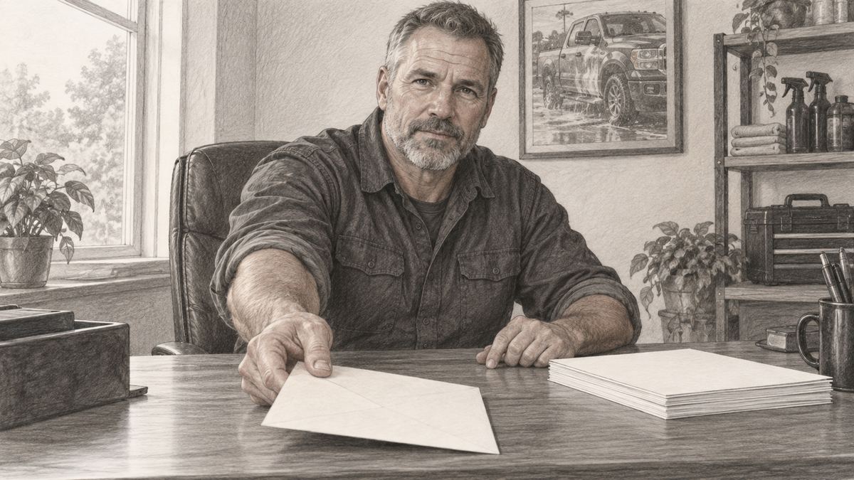 Ray at his desk sliding his personal injury complaint across the table. Pencil-style illustration.