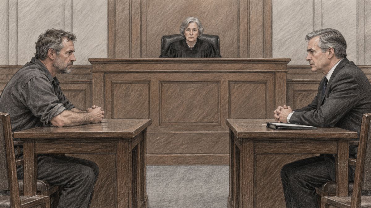 Ray and the defense lawyer at opposite tables in a courtroom, a judge at the bench. Pencil-style illustration.