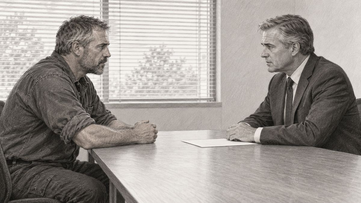 Ray and the defense lawyer negotiating across a conference table. Pencil-style illustration.