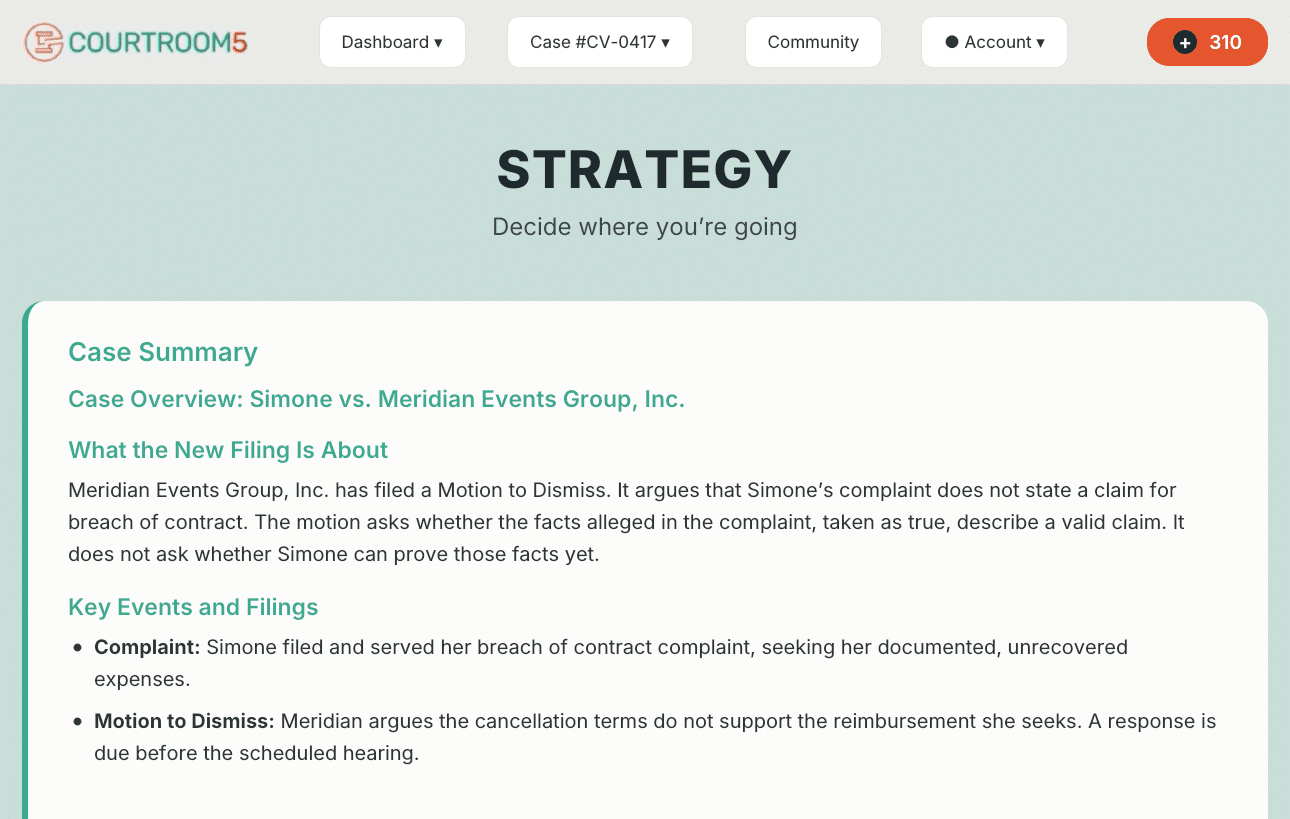 Strategy's case summary explaining that Meridian's motion to dismiss asks whether Simone's complaint states a valid claim, not whether she can prove it yet.