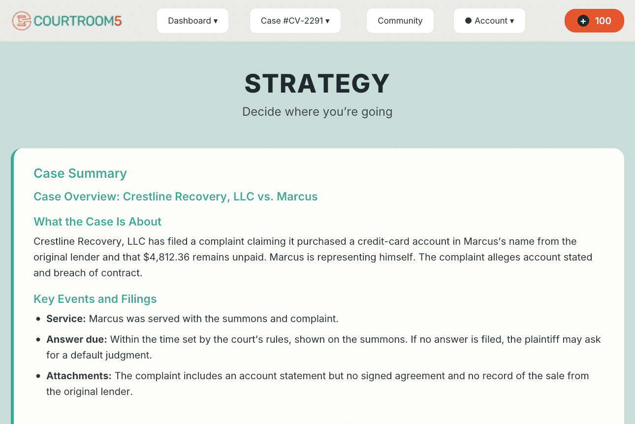 Strategy's case summary of the debt lawsuit against Marcus: who is suing, the amount claimed, the answer deadline, and the documents missing from the complaint.